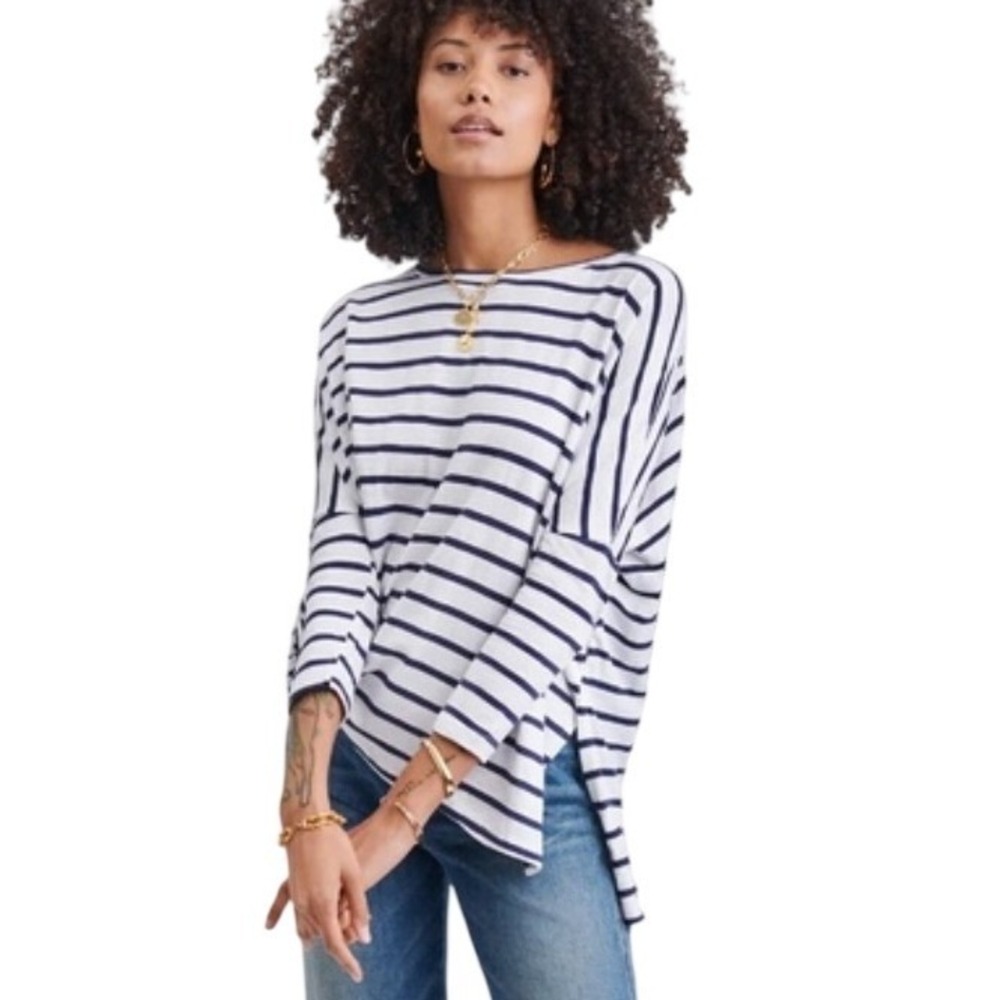 Mer Sea Womens Slub Cotton Striped Boxy Boatneck Top Blue White Oversized One sz